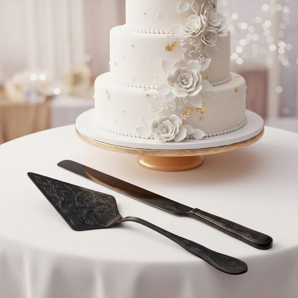 Orblue Black Cake Knife & Server Set Embossed Stainless Steel Gift Boxed NIB - Picture 1 of 9